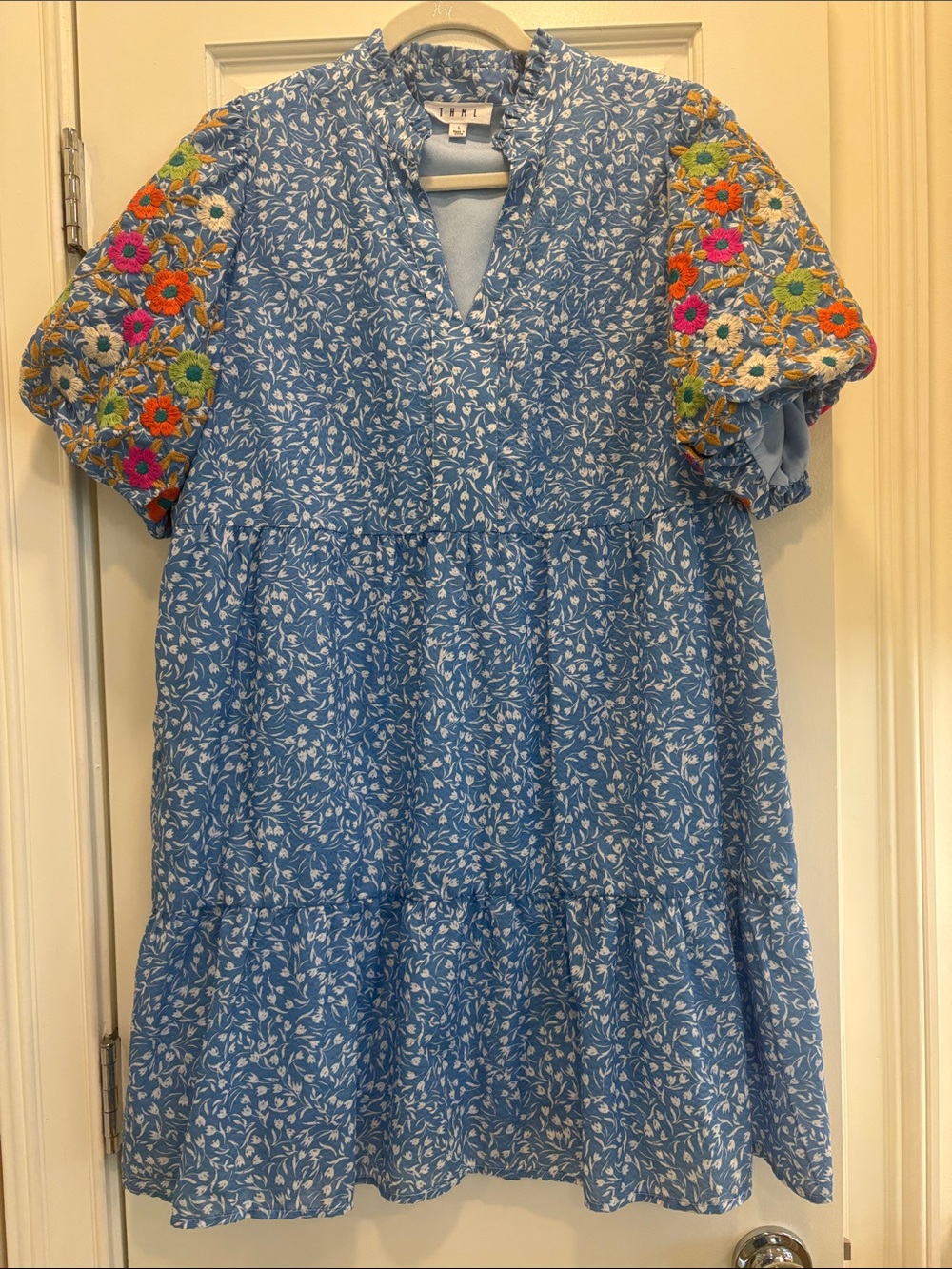 THML Blue Floral Mini Dress with Multicolor Embroidered Puff Sleeves